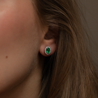 0.92ct Oval Emerald And Diamond Cluster Stud Earrings