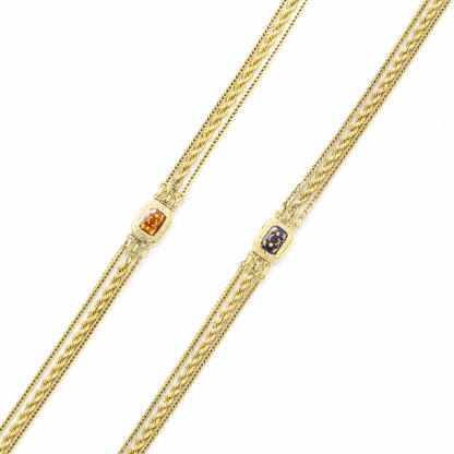 Antique French Yellow Gold And Enamel Spacers Three Row Long Chain Necklace