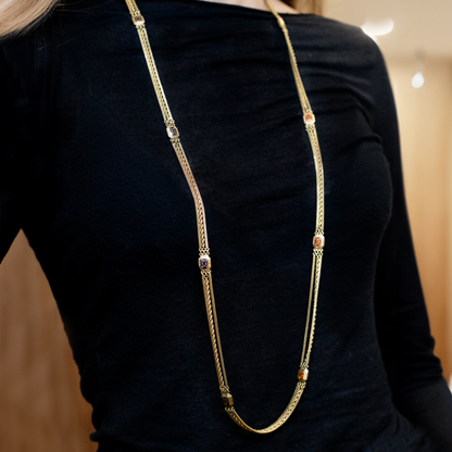 Antique French Yellow Gold And Enamel Spacers Three Row Long Chain Necklace