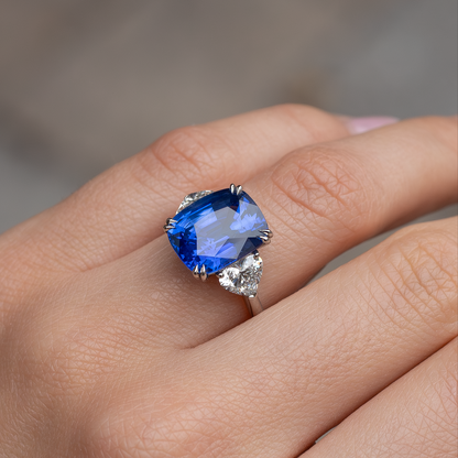7.64ct Certified Cushion Sapphire And Heart Cut Diamond Three Stone Ring