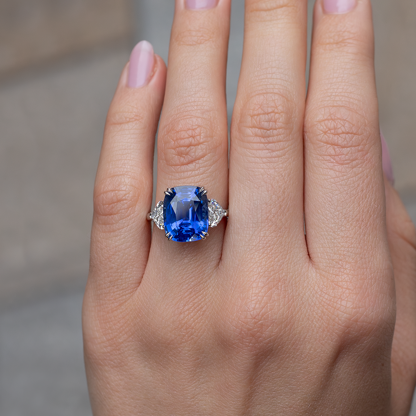 7.64ct Certified Cushion Sapphire And Heart Cut Diamond Three Stone Ring