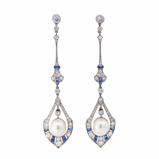 Antique Pearl Drop Earrings with sapphire and diamonds
