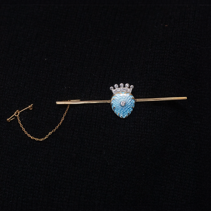 Yellow Gold Guilloché Enamel and Diamond Heart Shaped Bar Brooch