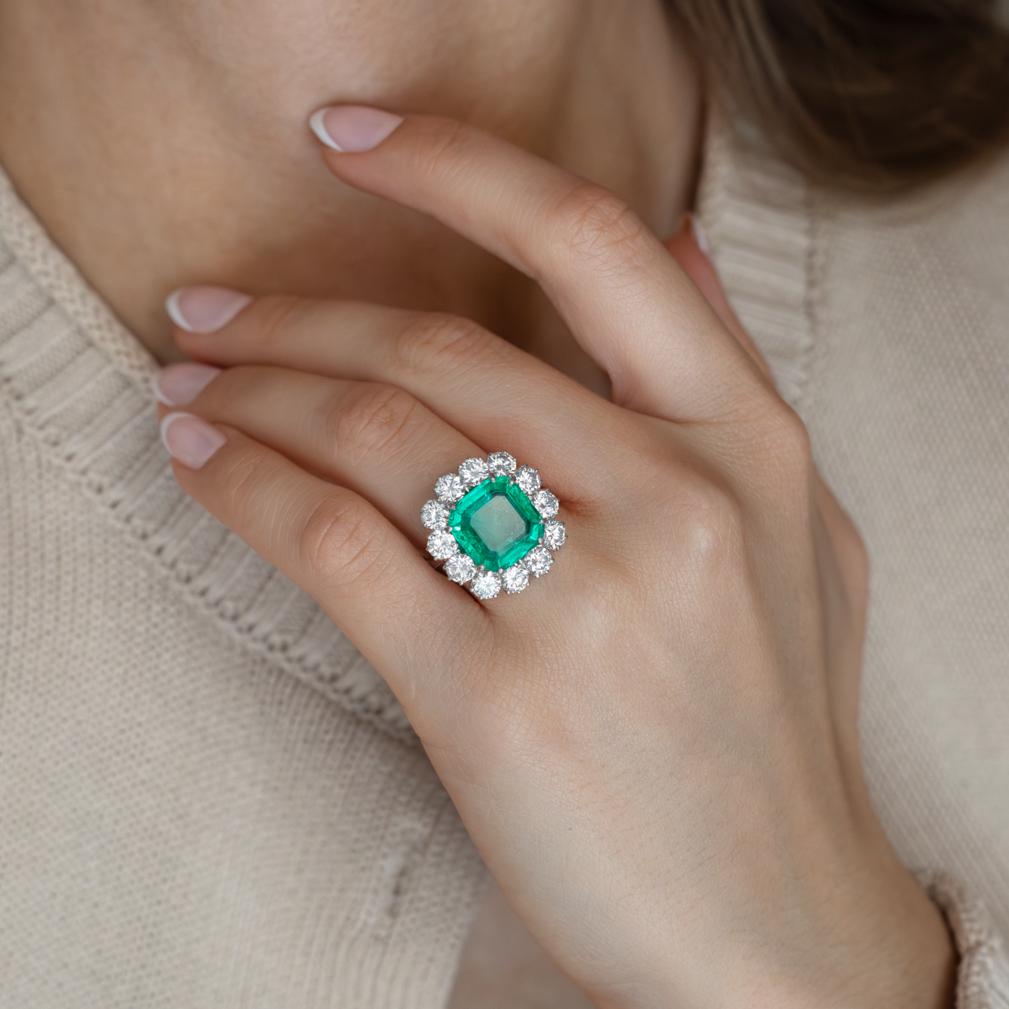 4.38ct Square Emerald And Diamond Cluster Ring