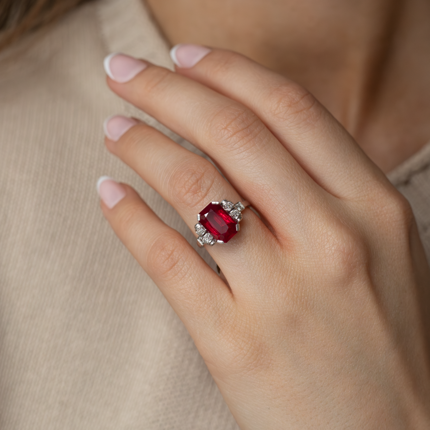 3.30ct Emerald Cut Burmese Ruby and Diamond Ring