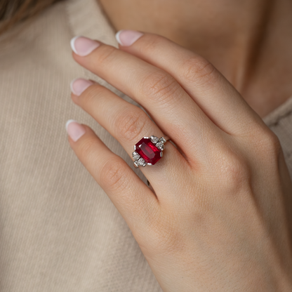3.30ct Emerald Cut Burmese Ruby and Diamond Ring