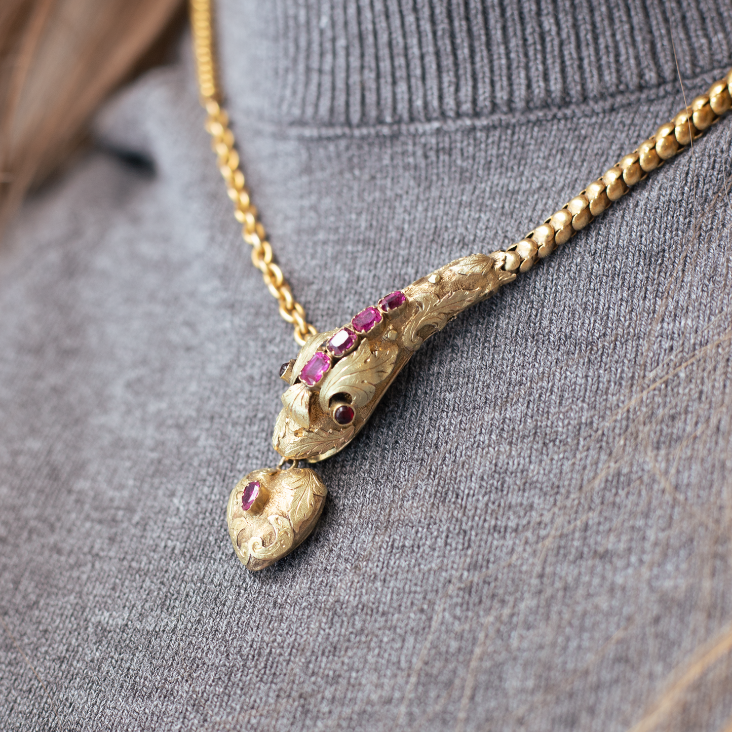 Victorian Garnet Set Yellow Gold Snake Necklace