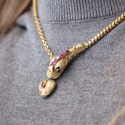 Victorian Garnet Set Yellow Gold Snake Necklace