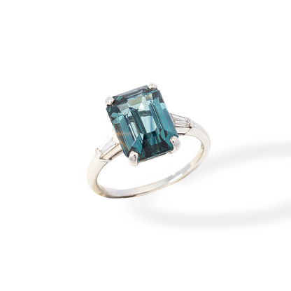 6.27ct Emerald Cut Teal Sapphire Solitaire Ring