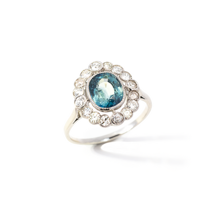 2.31ct Cushion Cut Teal Sapphire And Old Cut Diamond Cluster Ring
