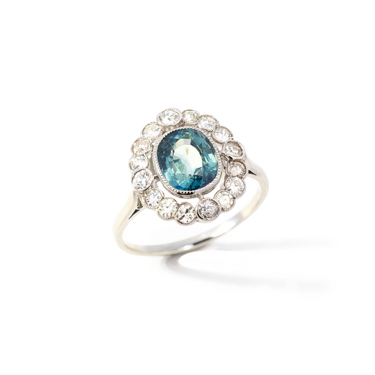 2.31ct Cushion Cut Teal Sapphire And Old Cut Diamond Cluster Ring