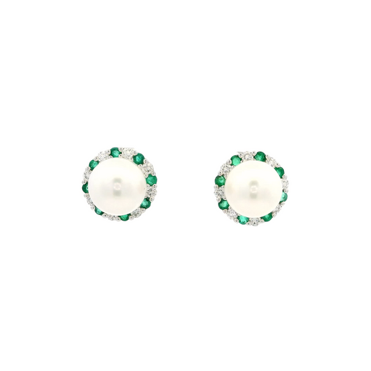 Pearl, Emerald and Diamond Cluster Earrings