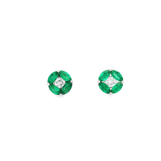 Marquise Emerald And Diamond Round Stud Earrings