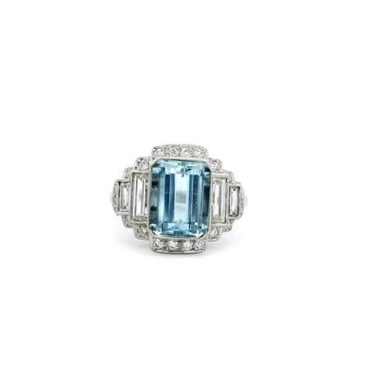 3ct Emerald Cut Aquamarine And Diamond Five Stone Cluster Ring