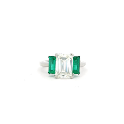 2.78ct Emerald Cut Diamond And Baguette Cut Emerald Three Stone Ring