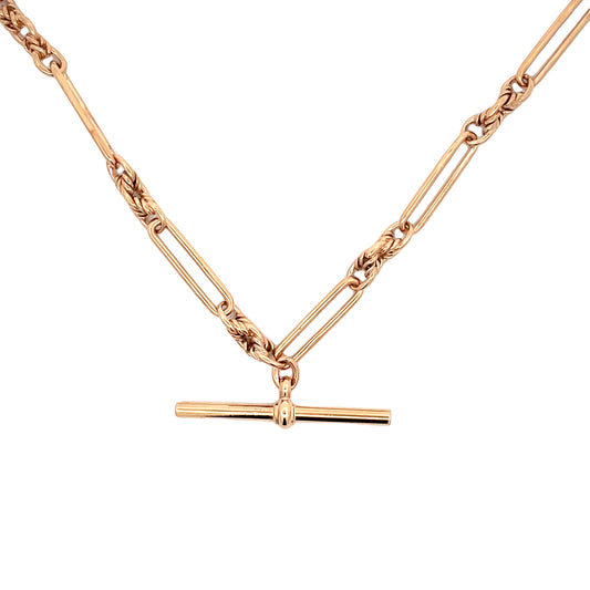 Rose Gold Trombone Link Albert Chain With T-Bar