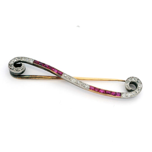 Ruby And Diamond Swirled Bar Brooch