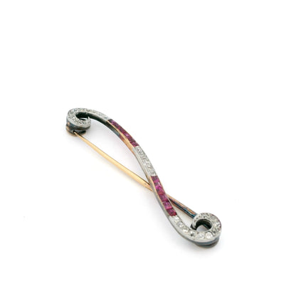 Ruby And Diamond Swirled Bar Brooch