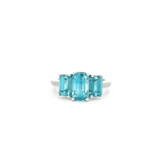 7.40ct Emerald Cut Blue Zircon Three Stone Ring