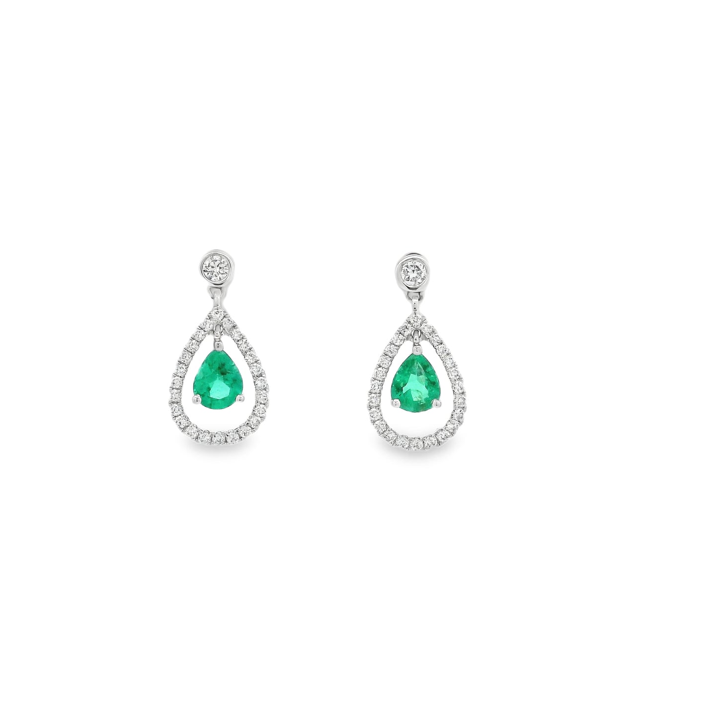 0.54ct Pear Cut Emerald And Round Diamond Drop Earrings