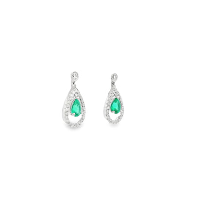 0.54ct Pear Cut Emerald And Round Diamond Drop Earrings
