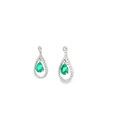 0.54ct Pear Cut Emerald And Round Diamond Drop Earrings