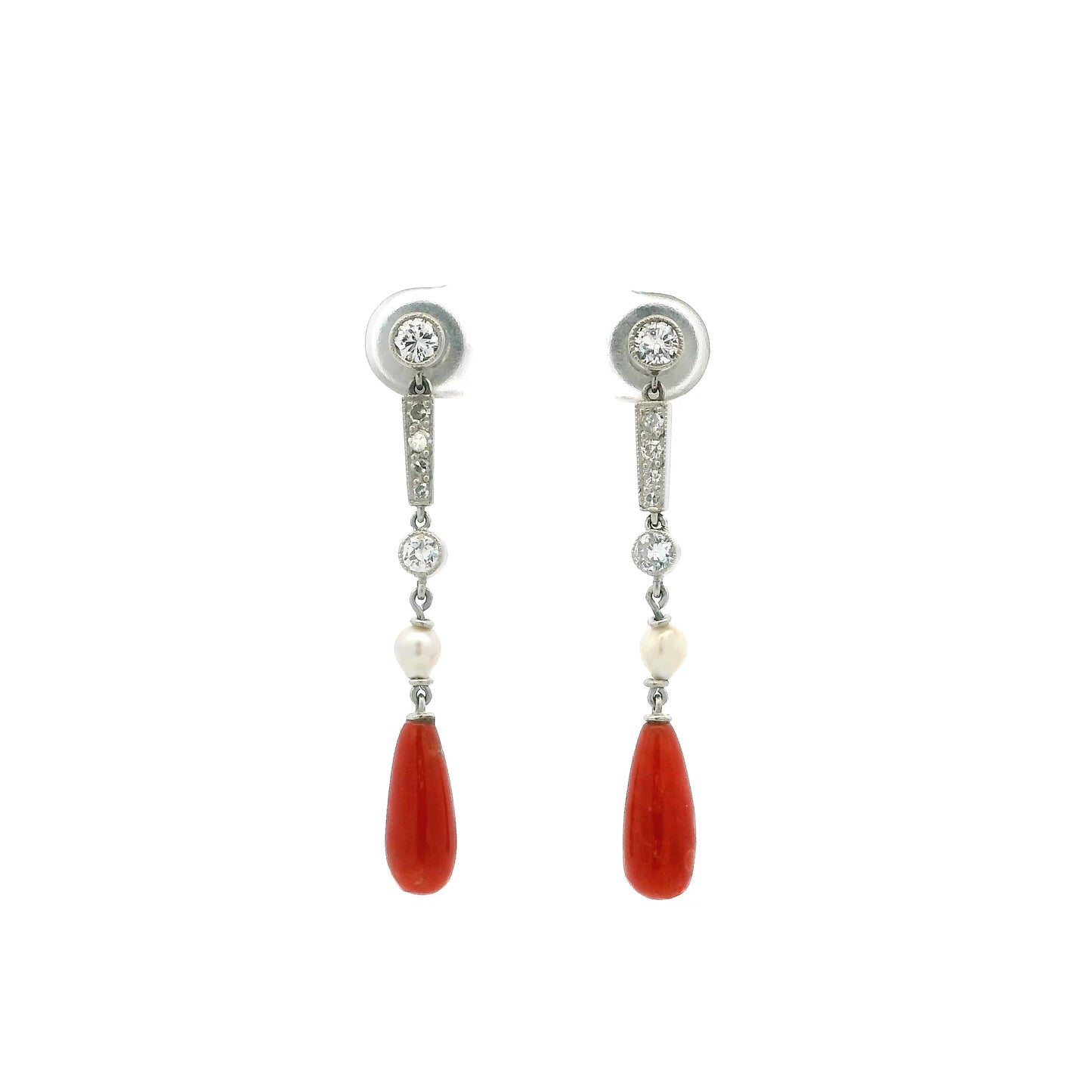 Coral, Pearl And Old Cut Diamond Drop Earrings