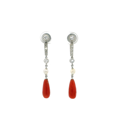 Coral, Pearl And Old Cut Diamond Drop Earrings