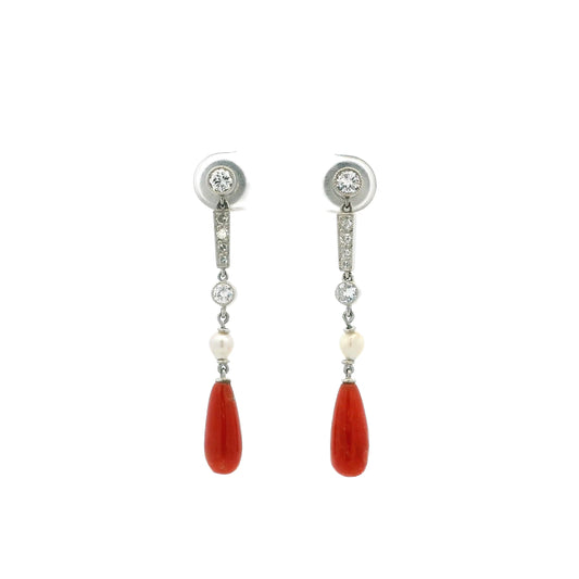 Coral, Pearl And Old Cut Diamond Drop Earrings