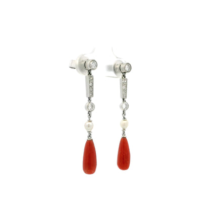 Coral, Pearl And Old Cut Diamond Drop Earrings