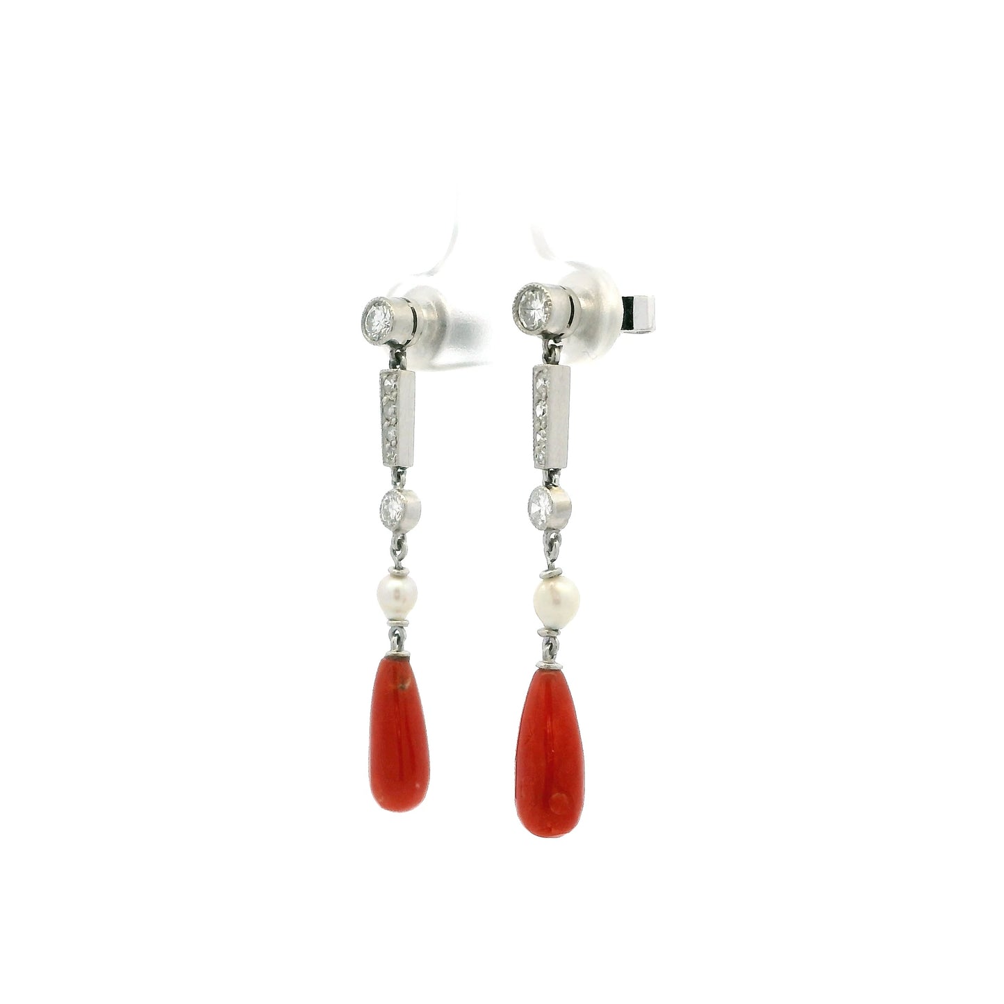 Coral, Pearl And Old Cut Diamond Drop Earrings