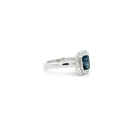 1.13ct Emerald Cut Sapphire And Baguette Cut Diamond Cluster Ring