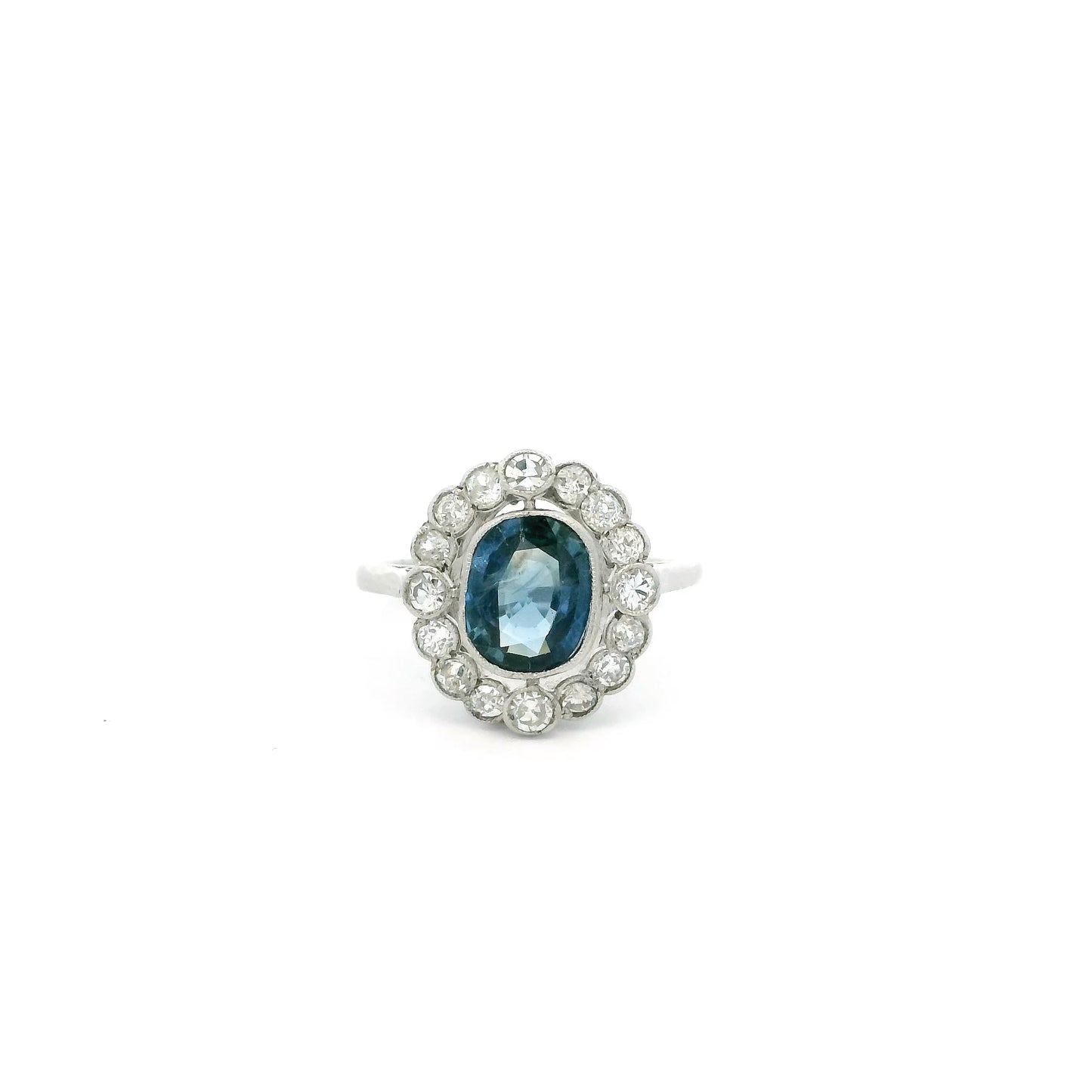 1.50ct Cushion Teal Sapphire And Old Cut Diamond Cluster Ring