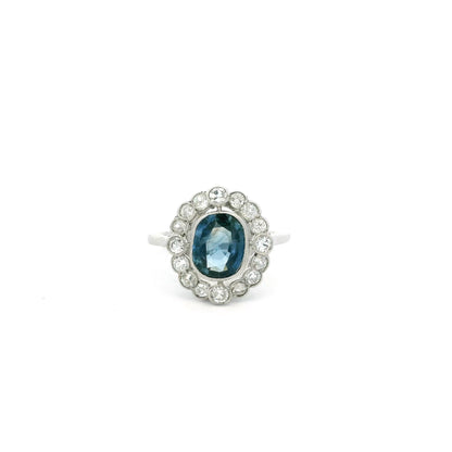 1.50ct Cushion Teal Sapphire And Old Cut Diamond Cluster Ring