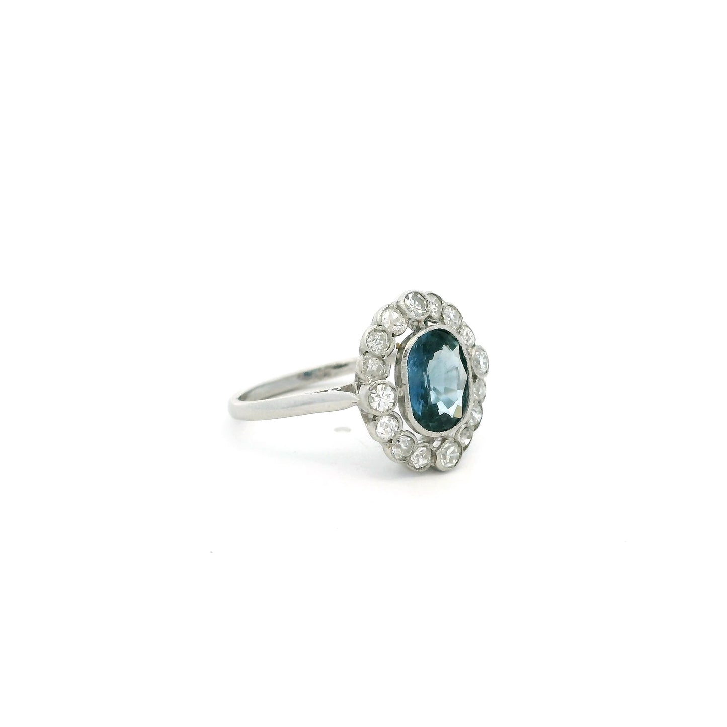 1.50ct Cushion Teal Sapphire And Old Cut Diamond Cluster Ring