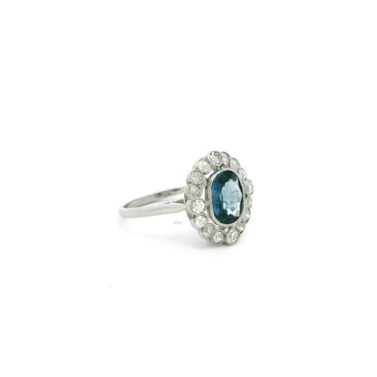 1.50ct Cushion Teal Sapphire And Old Cut Diamond Cluster Ring