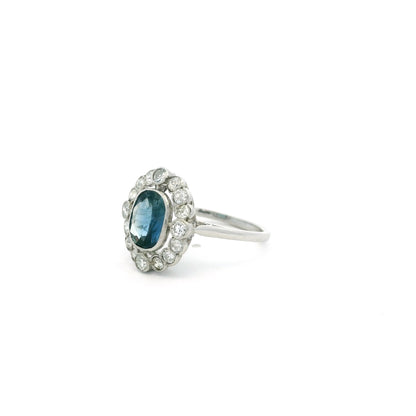 1.50ct Cushion Teal Sapphire And Old Cut Diamond Cluster Ring