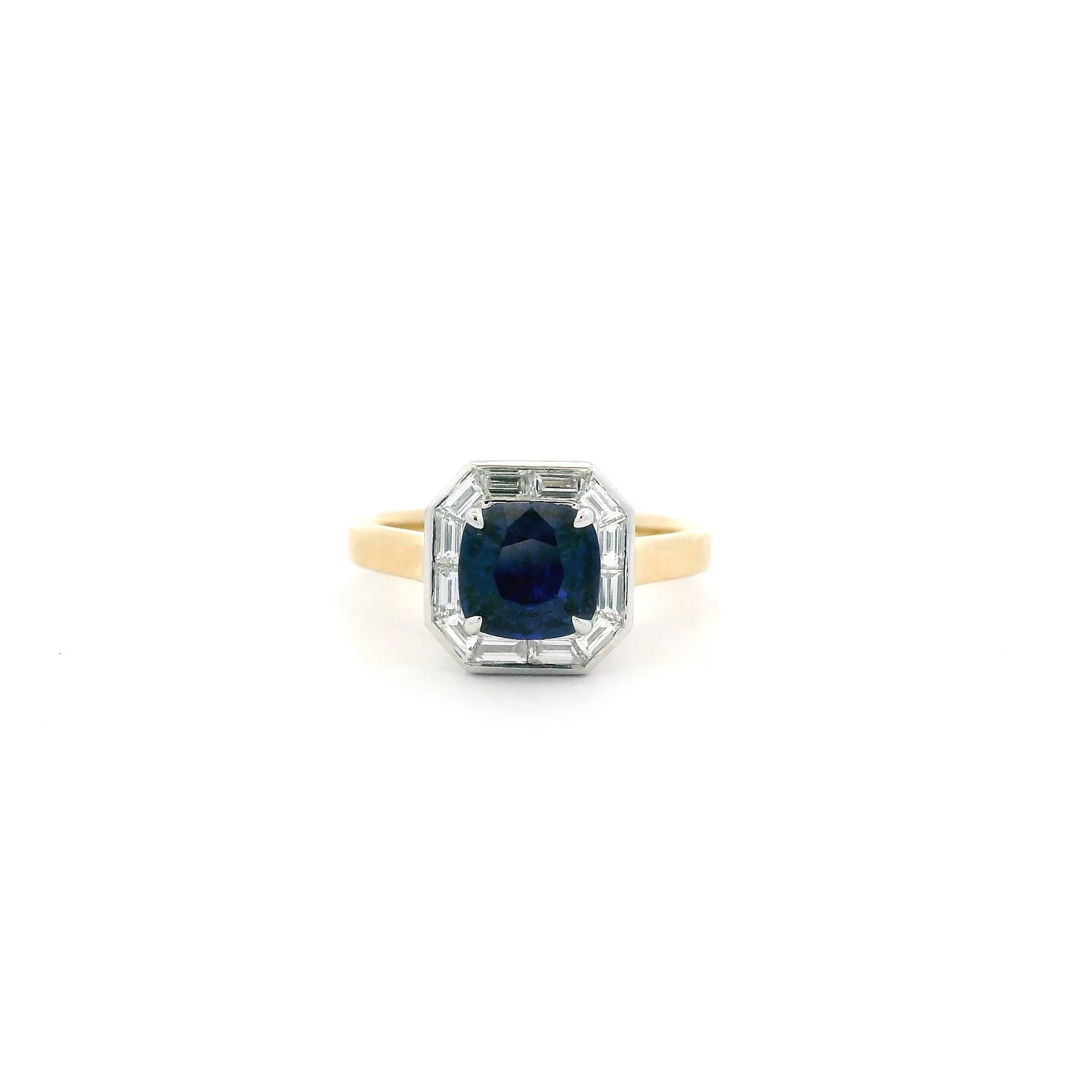 1.73ct Cushion Sapphire And Baguette Cut Diamond Cluster Ring