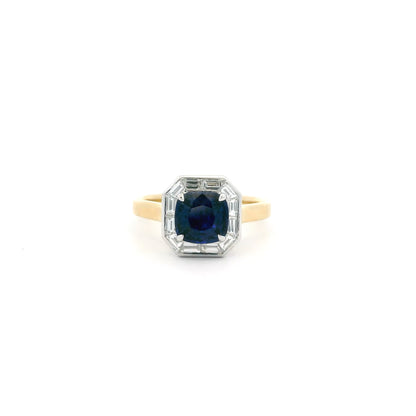 1.73ct Cushion Sapphire And Baguette Cut Diamond Cluster Ring