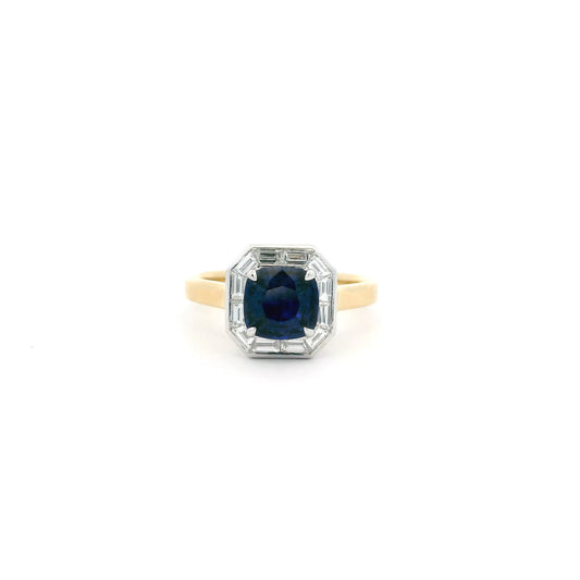 1.73ct Cushion Sapphire And Baguette Cut Diamond Cluster Ring