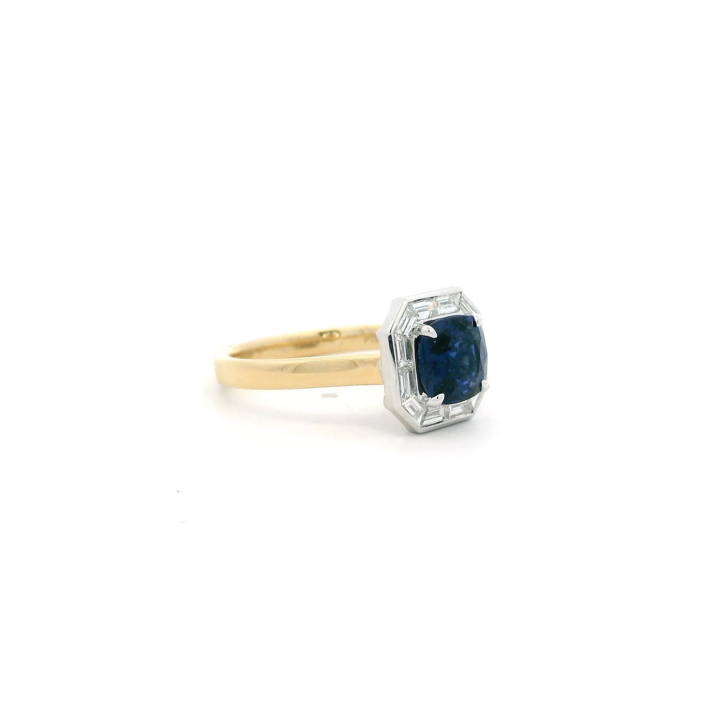 1.73ct Cushion Sapphire And Baguette Cut Diamond Cluster Ring