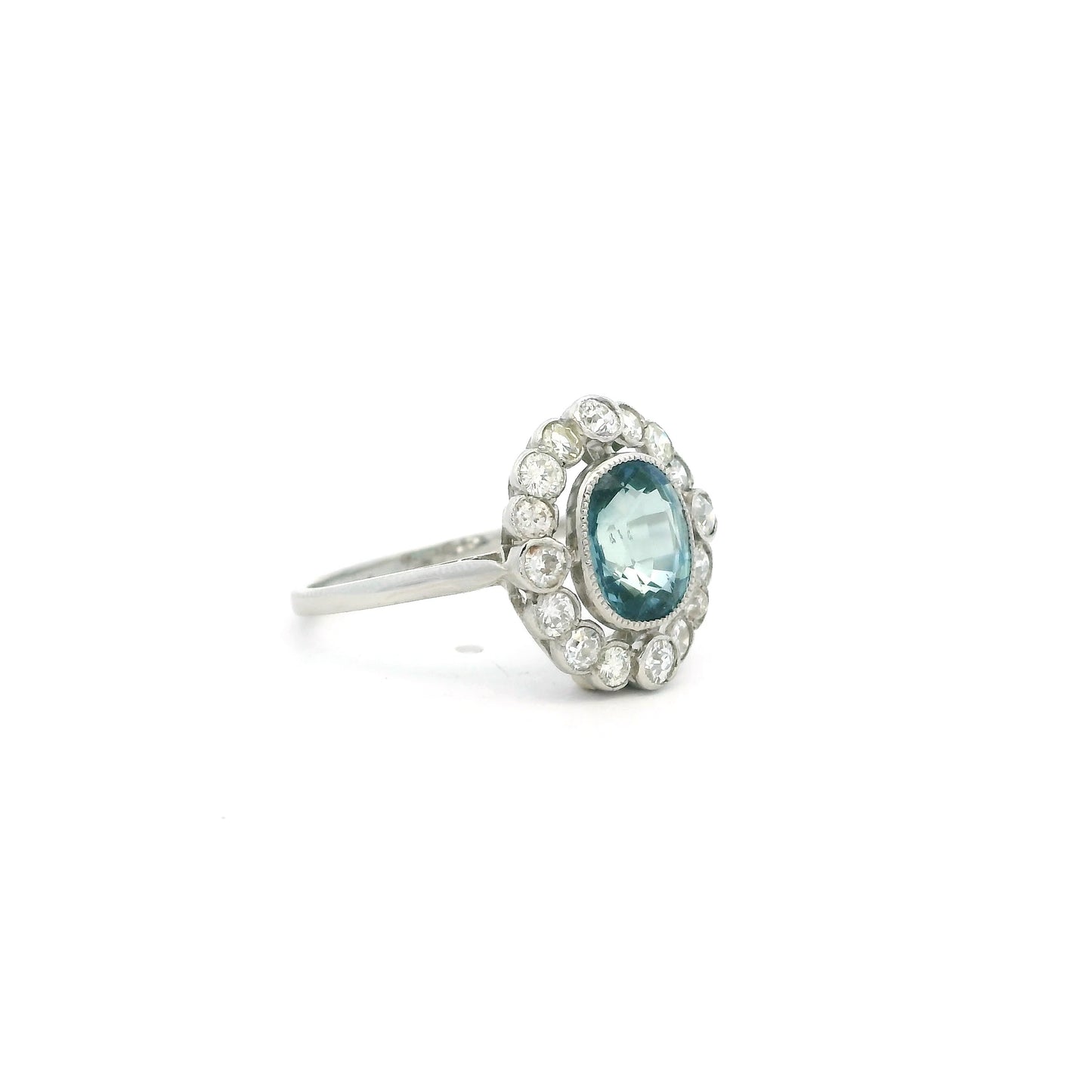 2.31ct Cushion Cut Teal Sapphire And Old Cut Diamond Cluster Ring