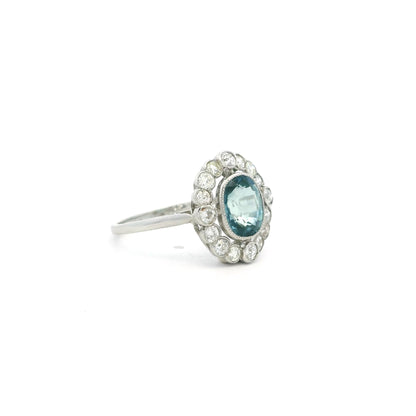 2.31ct Cushion Cut Teal Sapphire And Old Cut Diamond Cluster Ring