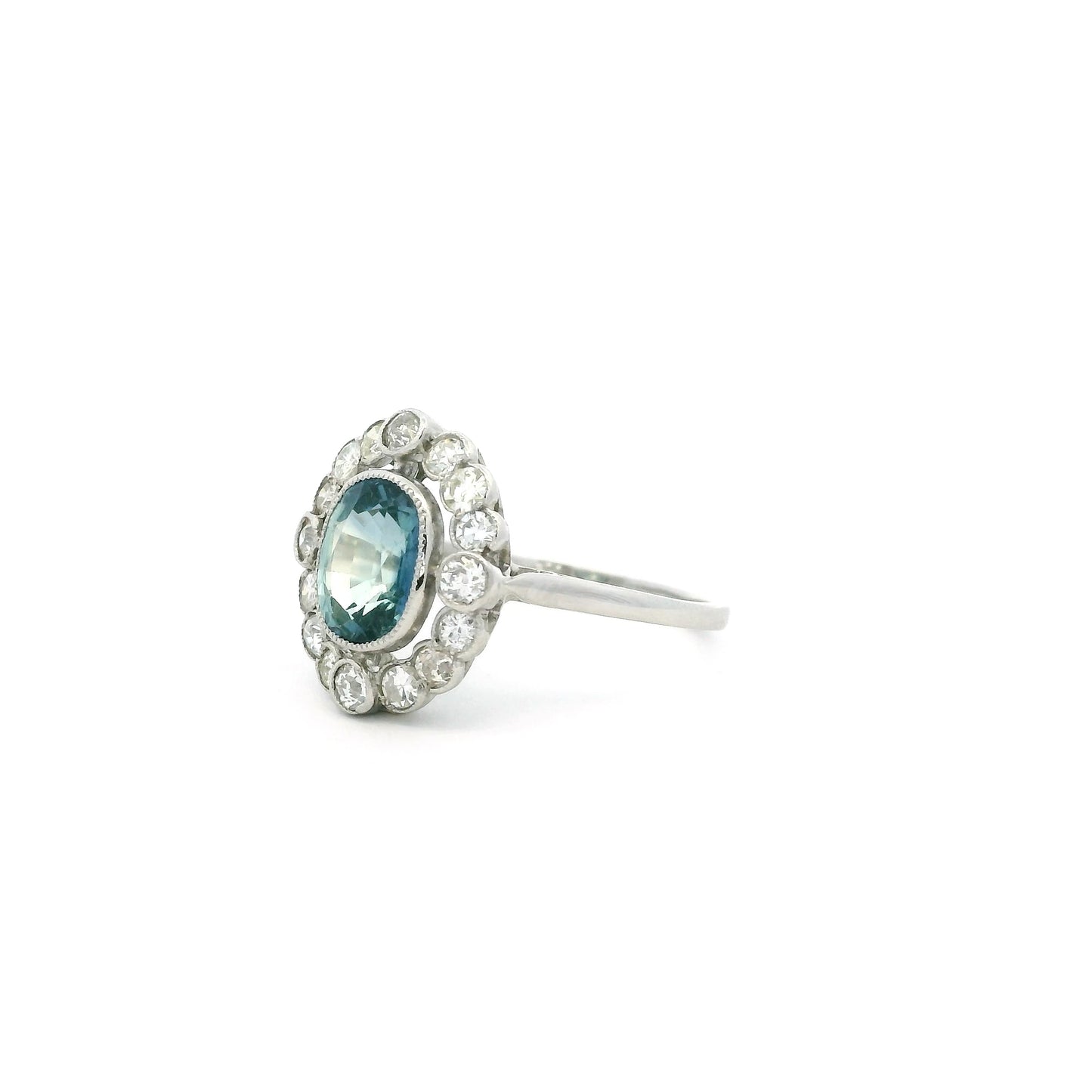 2.31ct Cushion Cut Teal Sapphire And Old Cut Diamond Cluster Ring