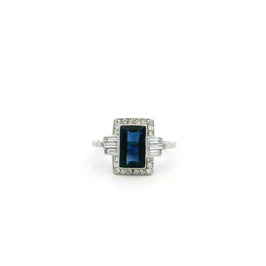 Art Deco 1.80ct Rectangular Sapphire And Diamond Cluster Ring