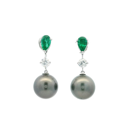 Emerald, Diamond And Tahitian Pearl Drop Earrings