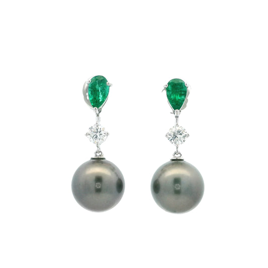 Emerald, Diamond And Tahitian Pearl Drop Earrings