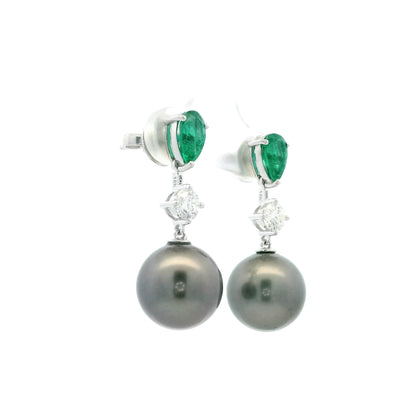 Emerald, Diamond And Tahitian Pearl Drop Earrings