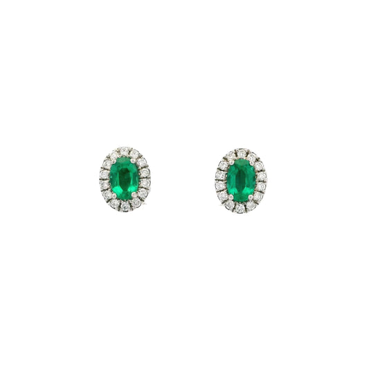 0.92ct Oval Emerald And Diamond Cluster Stud Earrings