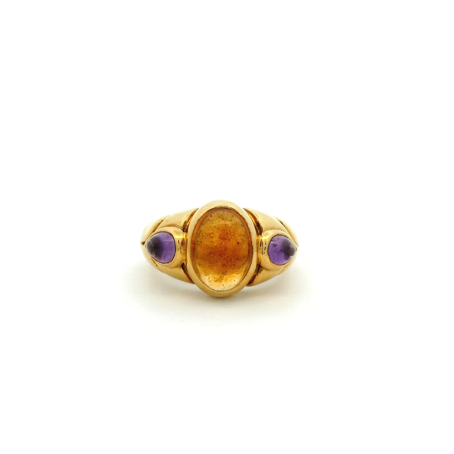 Bulgari Cabochon Oval Citrine And Cabochon Pear Amethyst Three Stone Ring